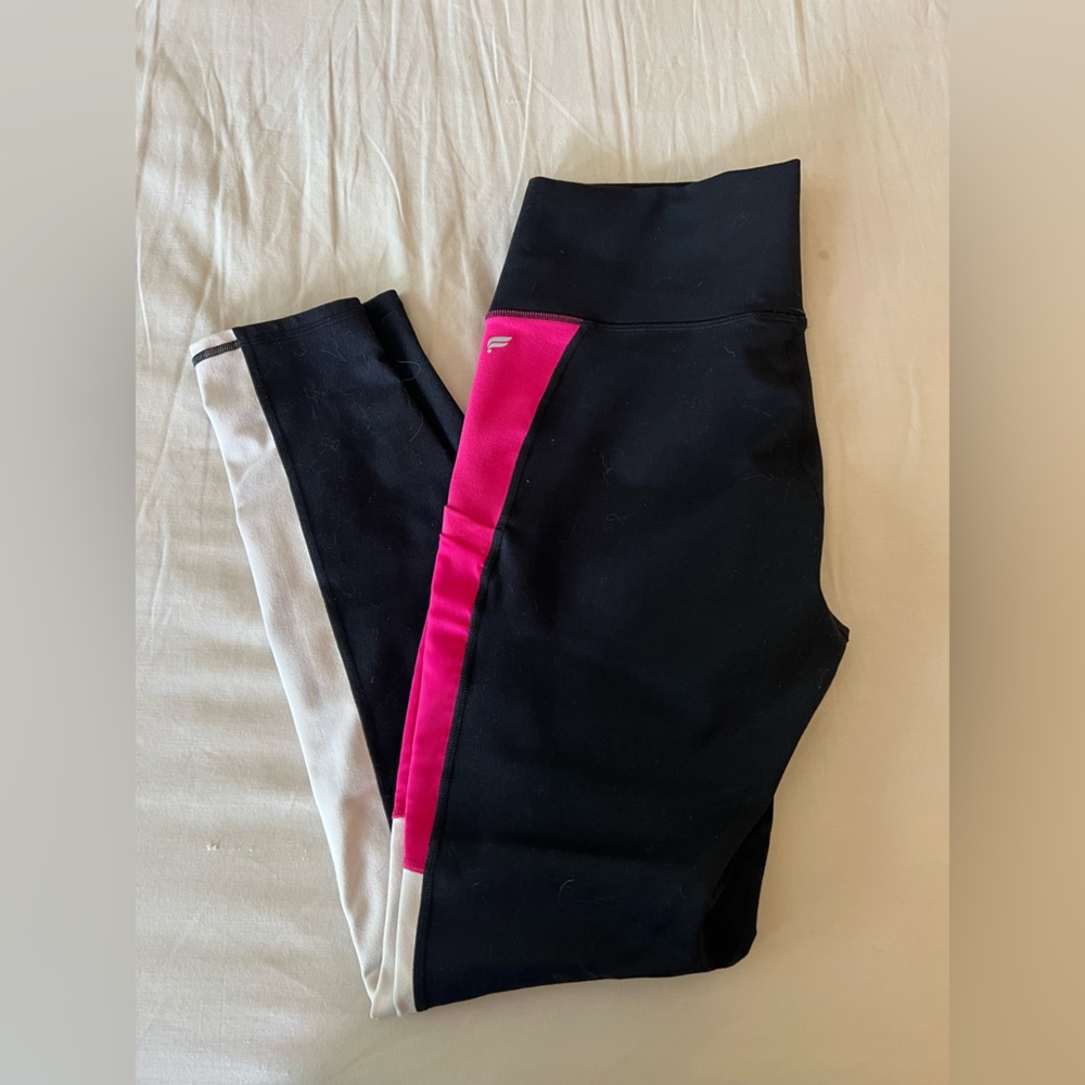 Fabletics, Power Hold Leggings, Black w/ Pink and White, Large, NWOT